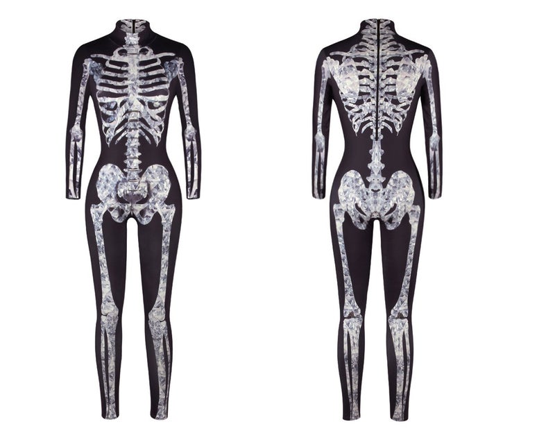 URVIP Women Halloween Skeleton Costume Stretch Skinny Catsuit Jumpsuit Bodysuit Color-BAX-003 M - Image 3
